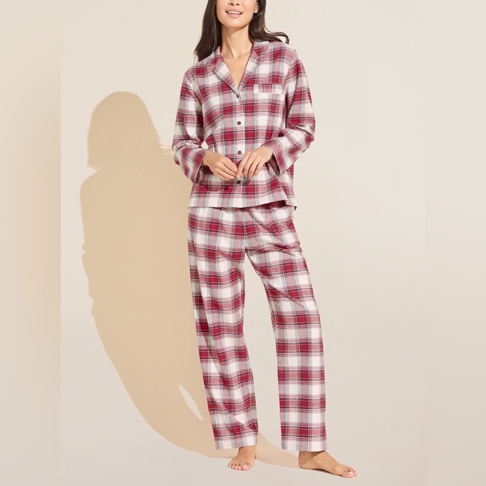Eberjey Gisele Flannel Long Pajamas PJ Set Tartan Plaid/Haute Red Medium